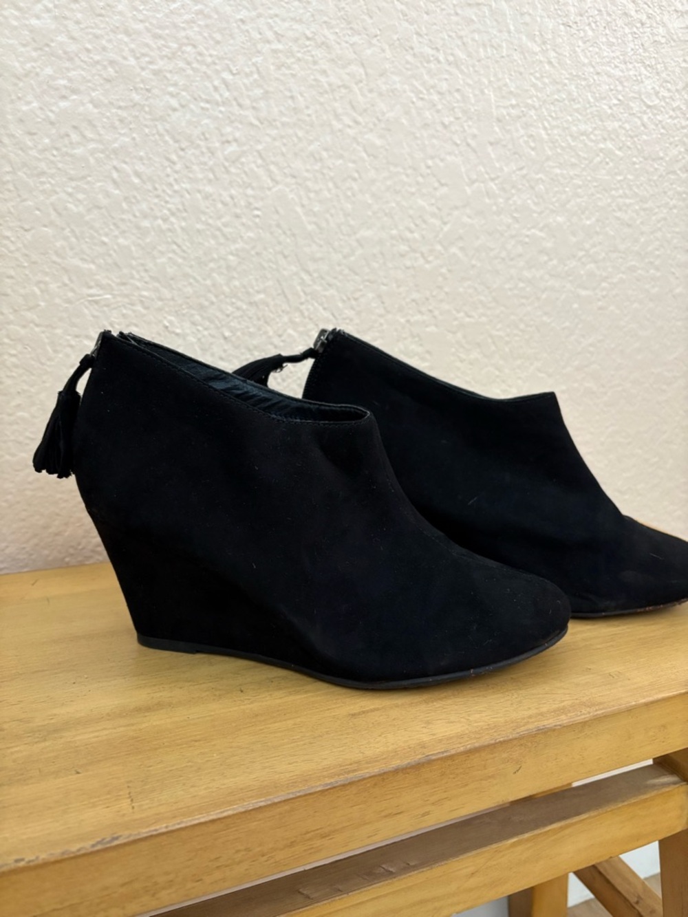 CL by Laundry Black Suede Wedge Booties with Tassel Zip